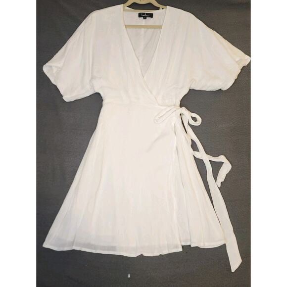 NWT Lulus White Wrap Short Gauzy Draped Dress Surplice Short Sleeve Tie Size S - Picture 1 of 9